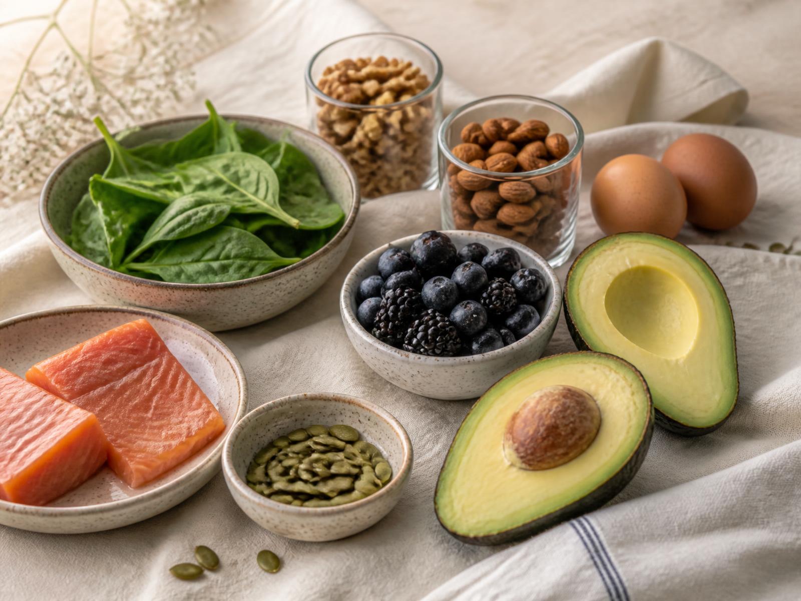 Gezonde voeding op warm linnen: avocado, noten, eieren, bessen en bladgroenten