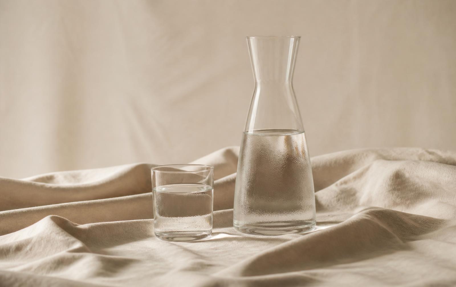 Glazen karaf en glas water op warm ivoorkleurig linnen